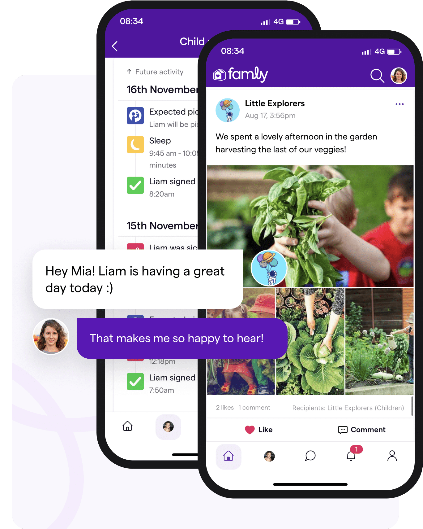 phone showing the famly app with a parent speech bubble responding to nursery staff